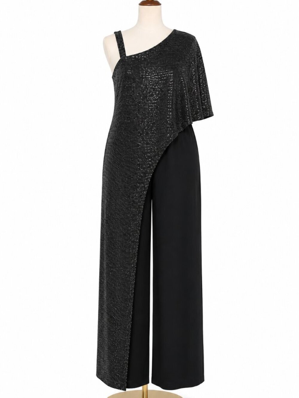 R&M Richards Petite One Shoulder Sequin Overlay Jumpsuit Black 12P 5871P - Picture 2 of 6